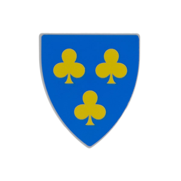Minifigure, Shield Triangular Short with 3 Yellow Trefoils on Blue Background Pattern