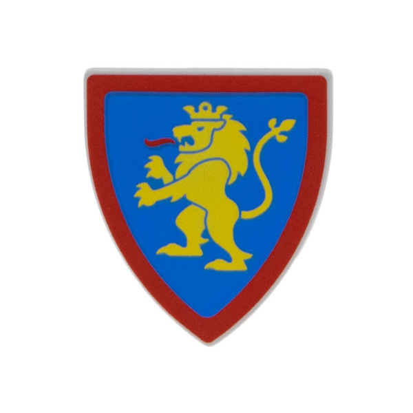 Minifigure, Shield Triangular Short with Yellow Lion Standing with Raised Foot on Blue Background with Red Border Pattern